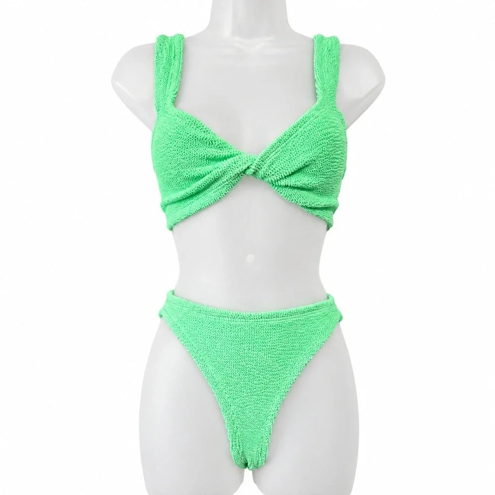 Hunza G Xandra Juno Crinkle Bikini Set One Size Neon Green Two Piece Swimsuit
